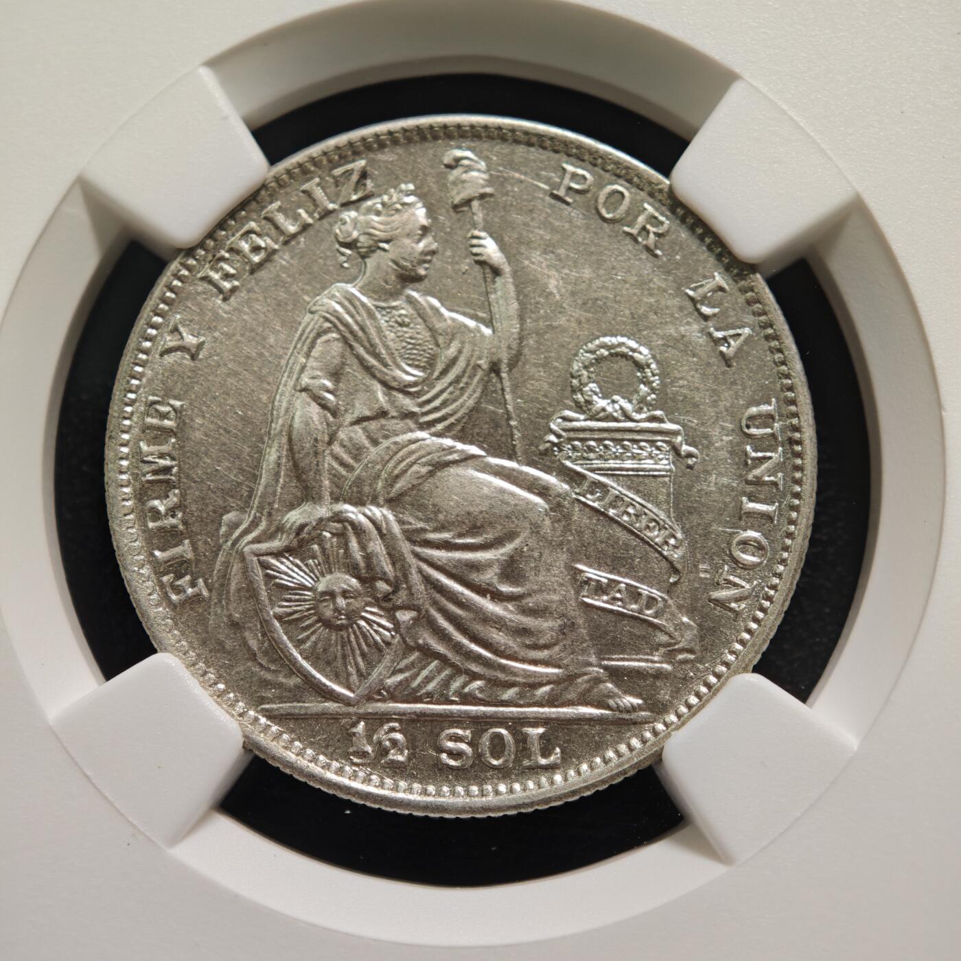 【德藏】世界币章拍卖第159期(元旦专场拍卖) 1935年 秘鲁1/2索尔银币 NGC AU58 状态极佳