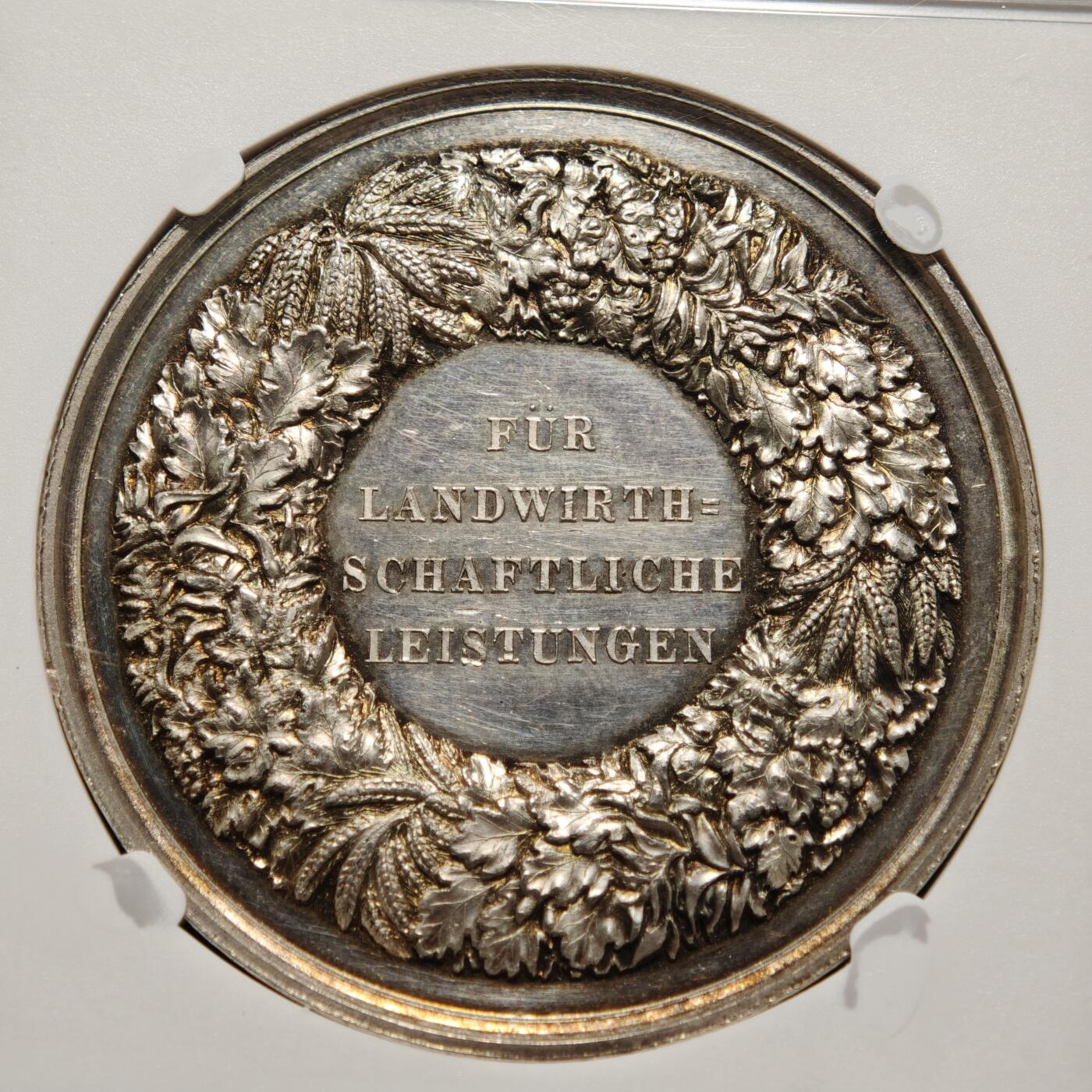 【德藏】世界币章拍卖第159期(元旦专场拍卖) 19世纪 德国勃兰登堡农业博览会纪念银章 名家LOOS作品 NGC MS62 类镜面底板 浮雕图案精美 细节细致入微