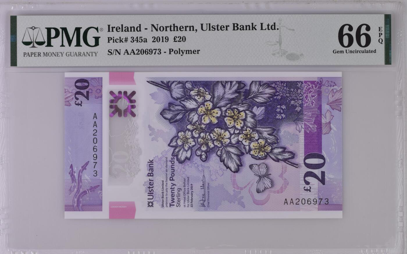 🐍甜小邱世界纸币收藏🐍第138期精品场💐 稀少AA首发冠 a版 PMG66 北爱尔兰 20镑 Ulster银行（已绝版）2019 