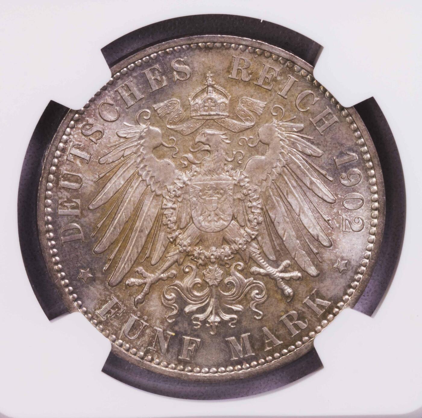 NGC-MS65 1902萨克森阿尔伯特逝世5马克极品五彩包浆