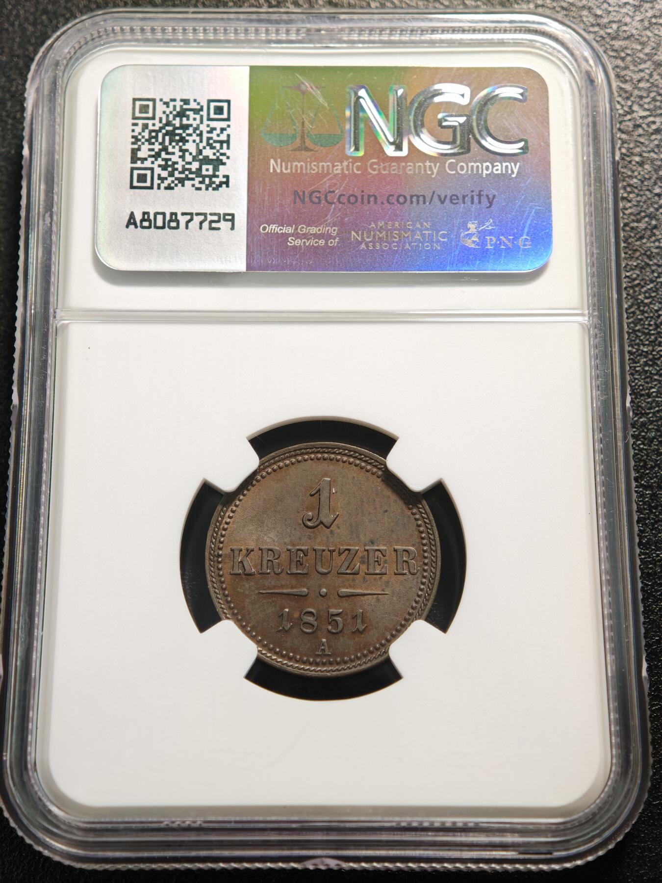 【德藏】世界币章拍卖第159期(元旦专场拍卖) 1851年 奥地利帝国1克罗伊泽铜币 NGC MS62BN 状态极佳