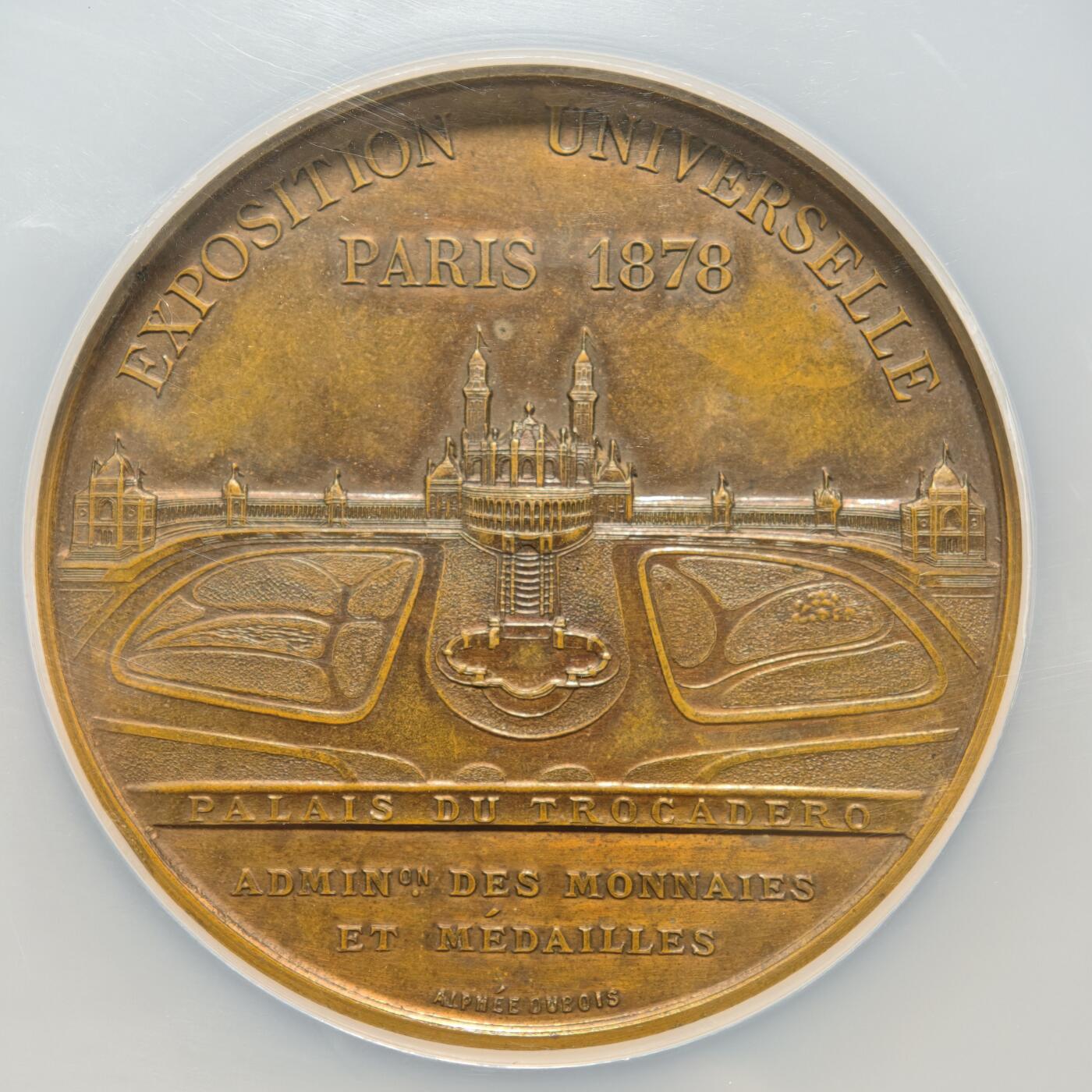 【德藏】世界币章拍卖第159期(元旦专场拍卖) 1878年 法国巴黎世界博览会纪念女神约50mm大铜章 NGC MS62BN 亚军分 包浆温润 细节刻画细致