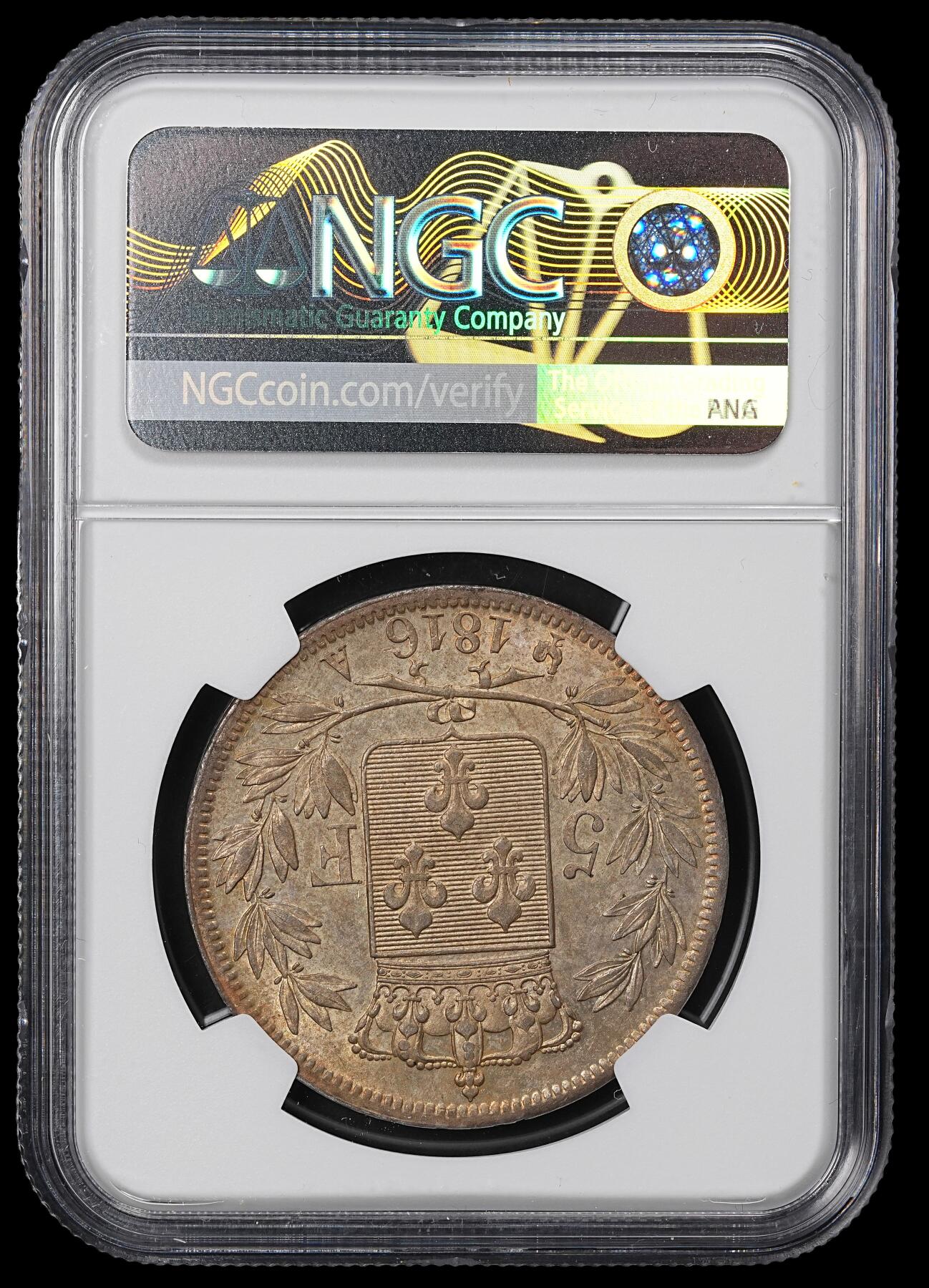 修遠堂世界钱币第九十九期 NGC MS61 1816年路易十八5法郎大银币 A厂铭 入骨五彩包浆味道一流