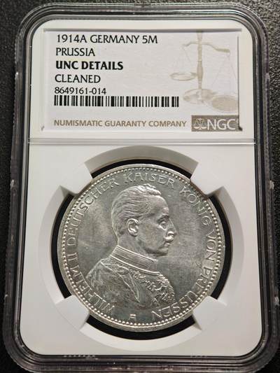 【德藏】世界币章拍卖第159期(元旦专场拍卖) - 1914年 德国普鲁士威廉二世军装5马克大银币 NGC UNC 立体感强