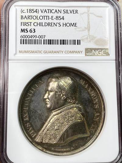 万国钱币拍卖第058期（万国新年大拍） - NGC MS63 1854年梵蒂冈教皇国庇护九世纪念在罗马设立教宗幼稚园纪念大银章 高浮雕晚霞彩极美 耶稣和蔼的为小孩童送上祝福 