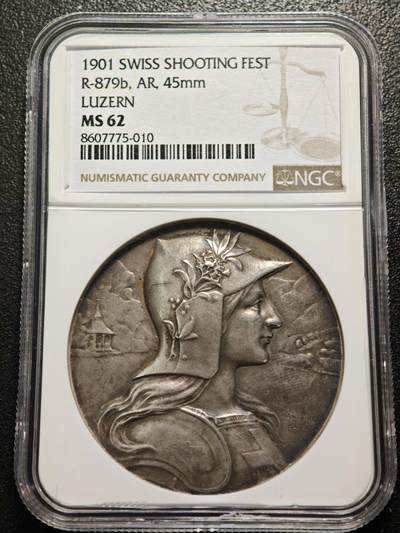 【德藏】世界币章拍卖第159期(元旦专场拍卖) - 1901年 瑞士卢塞恩射击节大银章 NGC MS62 淡包浆 磨砂质感 经典品种