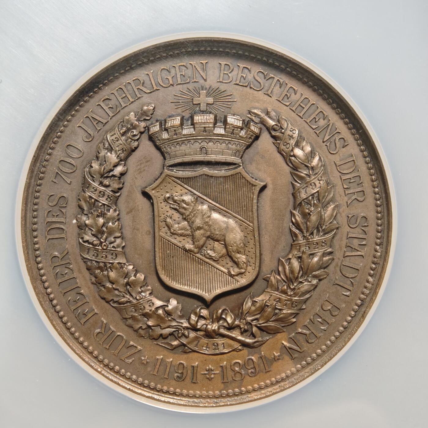 【德藏】世界币章拍卖第159期(元旦专场拍卖) 1891年 瑞士伯尔尼建城700周年50mm纪念大铜章 NGC MS62BN 设计精美 细节满满