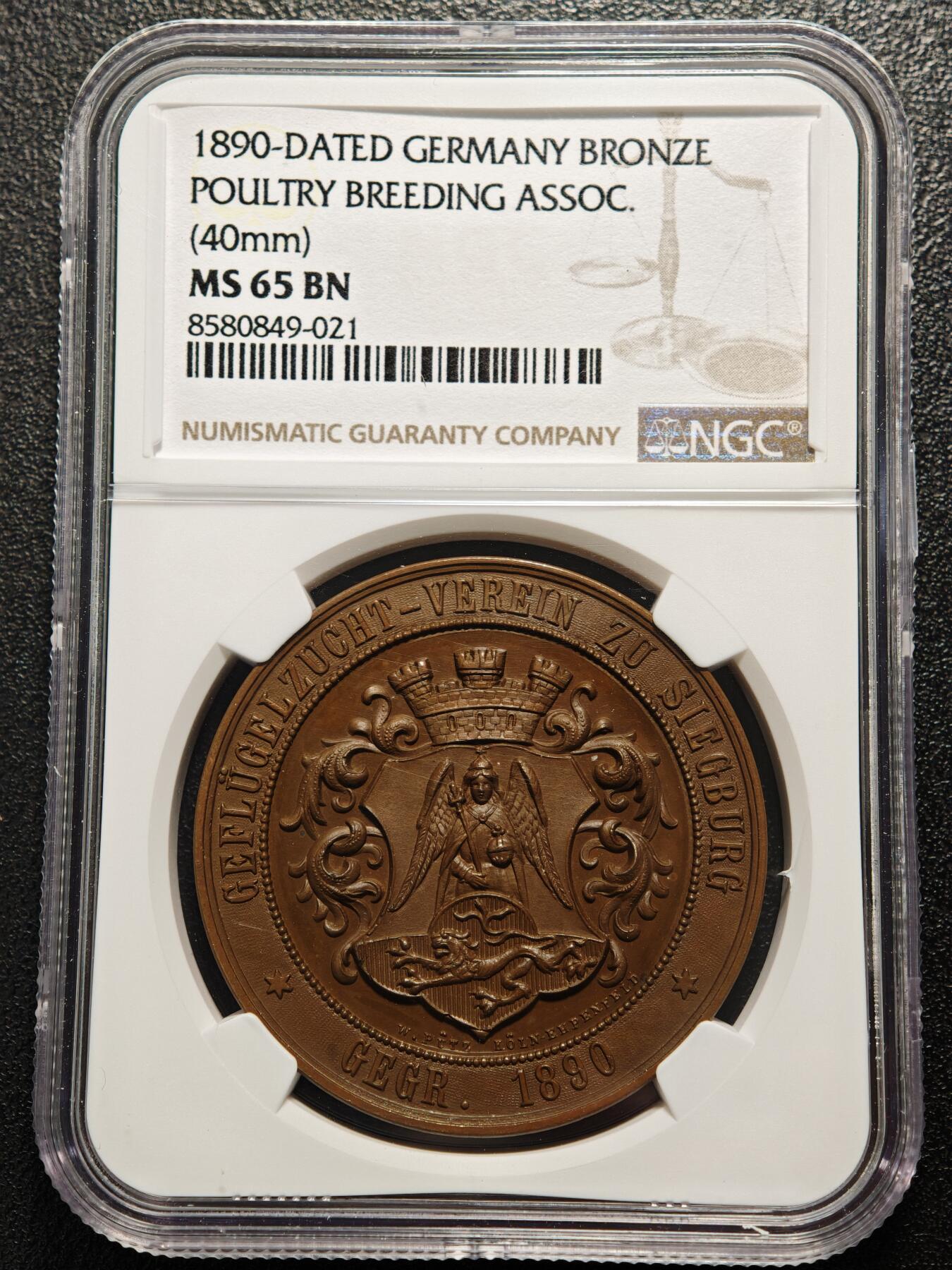 【德藏】世界币章拍卖第159期(元旦专场拍卖) 1890年 德国家禽繁殖协会纪念铜章 NGC MS65BN 图案极其立体 浮雕感十足