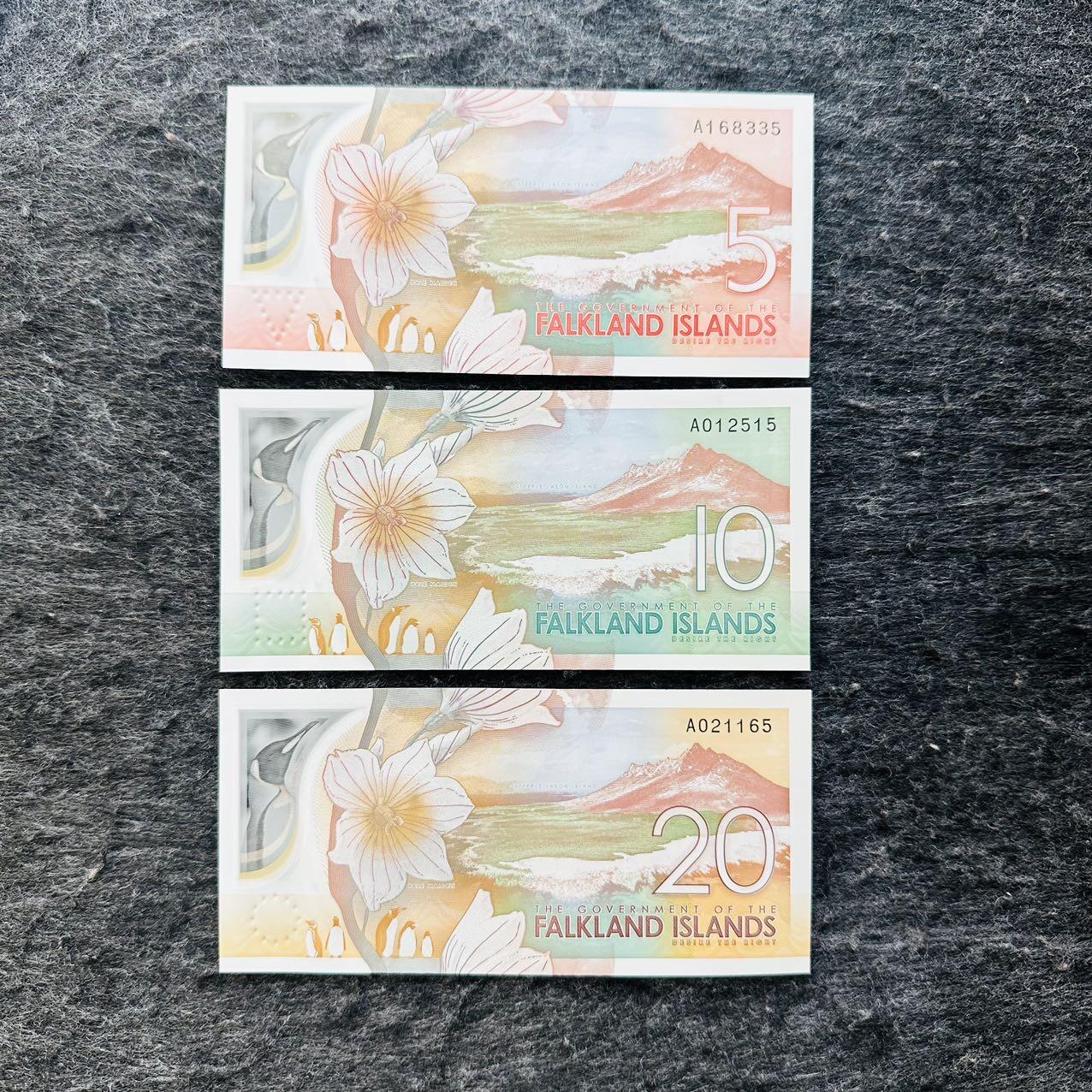 🇫🇯🇫🇰2530￥￥福克兰群岛2025年和斐济2026年全套Polymer塑料钞 335-515-165 尾5