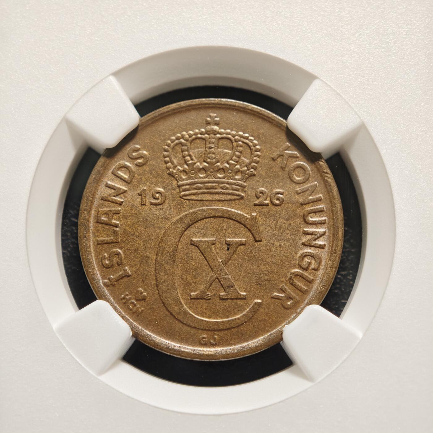 【德藏】世界币章拍卖第159期(元旦专场拍卖) 1926年 冰岛5奥拉铜币 NGC MS64BN 状态极佳