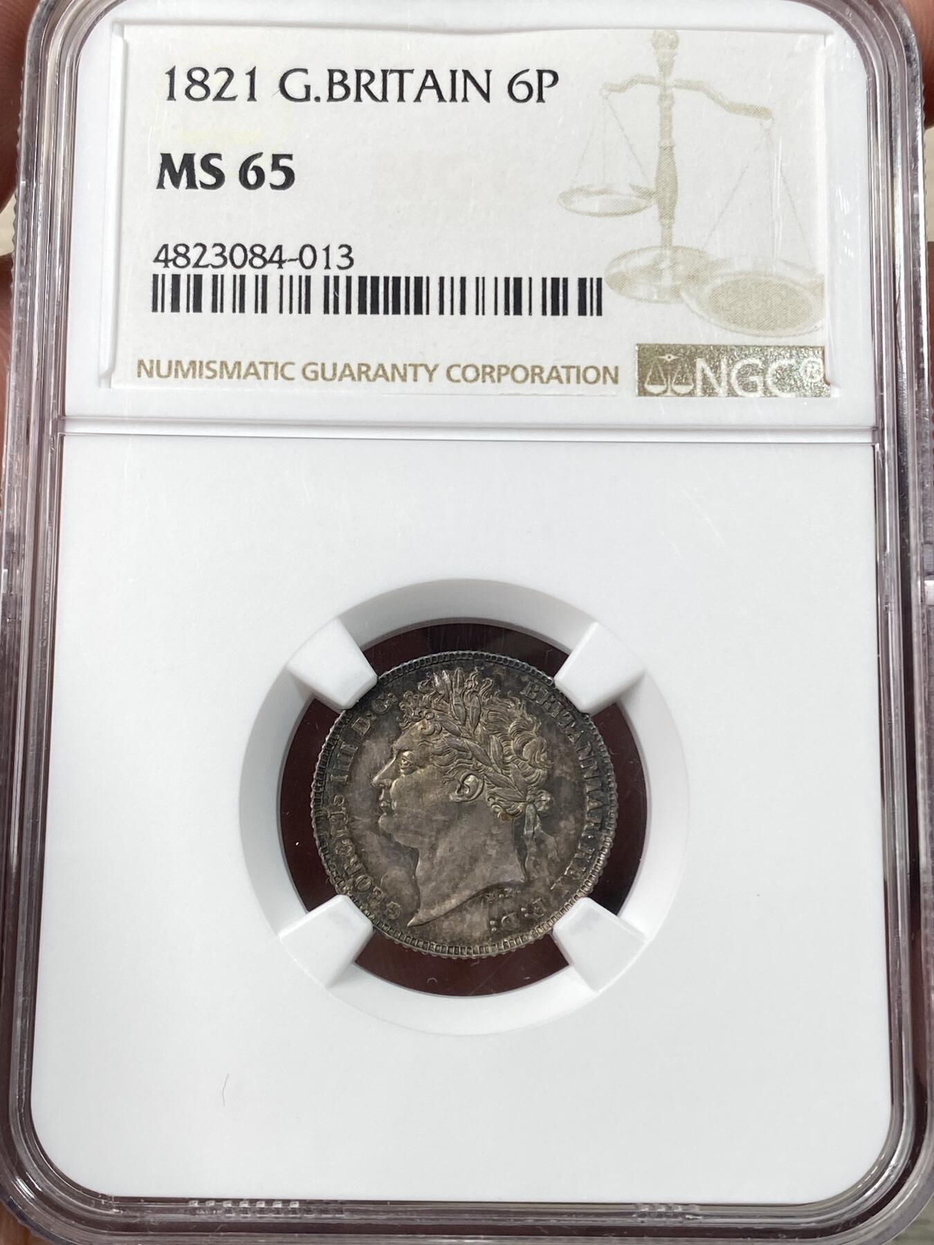 万国钱币拍卖第058期（万国新年大拍） NGC MS65 1821年英国乔治四世三花6便士银币 原味天鹅绒五彩BU收藏品质