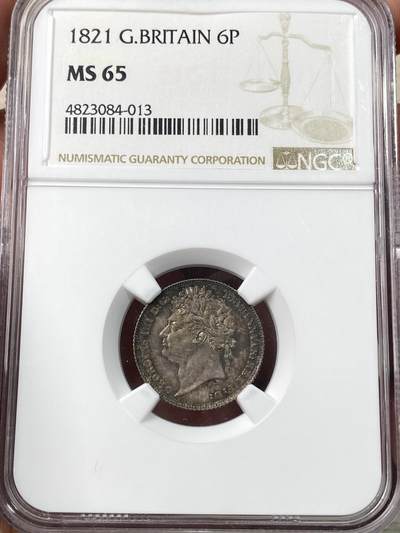 万国钱币拍卖第058期（万国新年大拍） - NGC MS65 1821年英国乔治四世三花6便士银币 原味天鹅绒五彩BU收藏品质