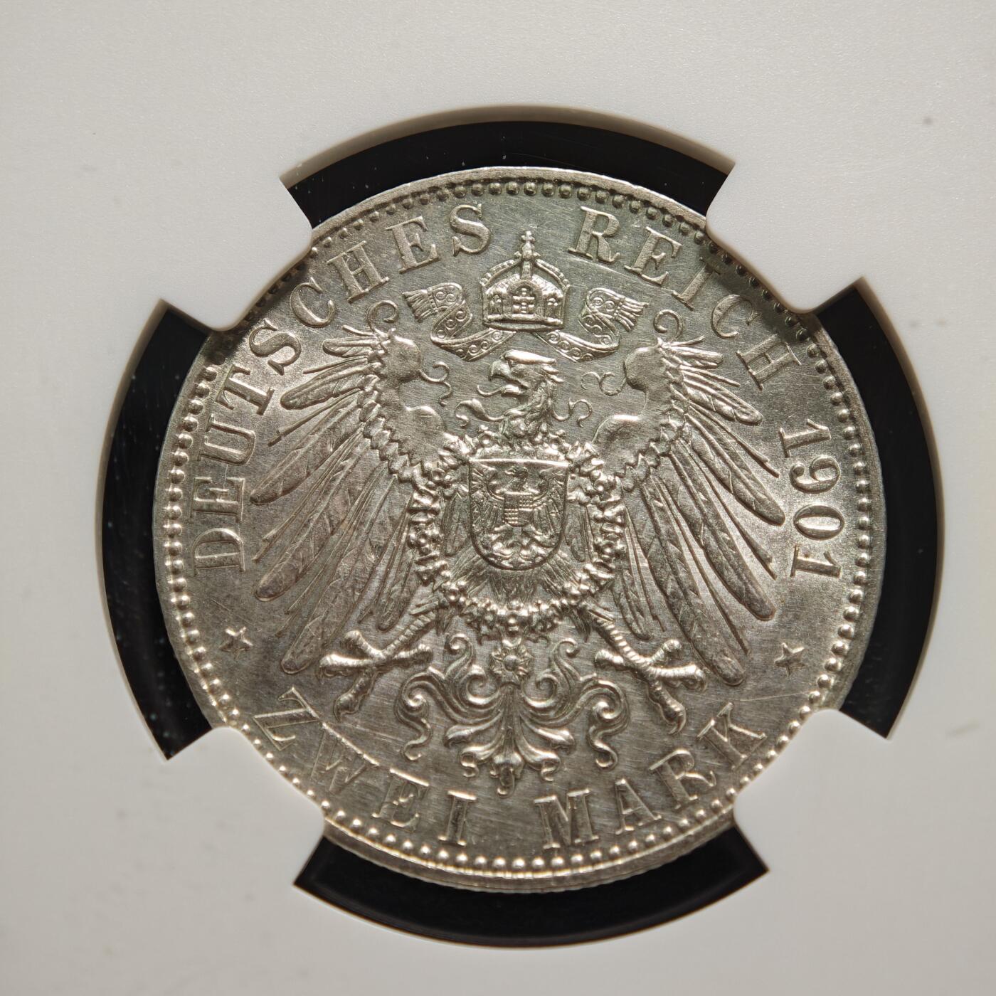 【德藏】世界币章拍卖第159期(元旦专场拍卖) 1901年 德国普鲁士建国200周年2马克银币 NGC UNC 未流通状态