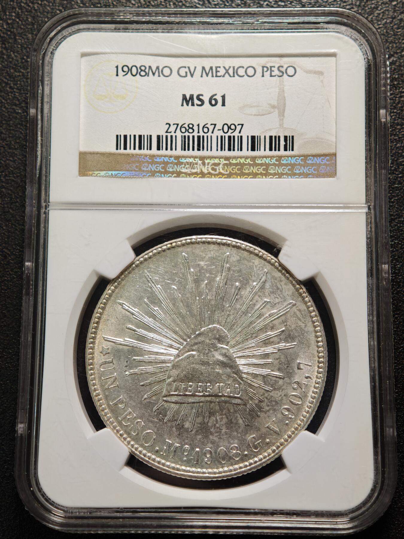 【德藏】世界币章拍卖第159期(元旦专场拍卖) 1908年 墨西哥直边鹰洋1比索银币 NGC MS61 原光十足