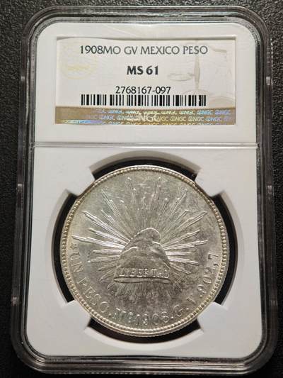 【德藏】世界币章拍卖第159期(元旦专场拍卖) - 1908年 墨西哥直边鹰洋1比索银币 NGC MS61 原光十足