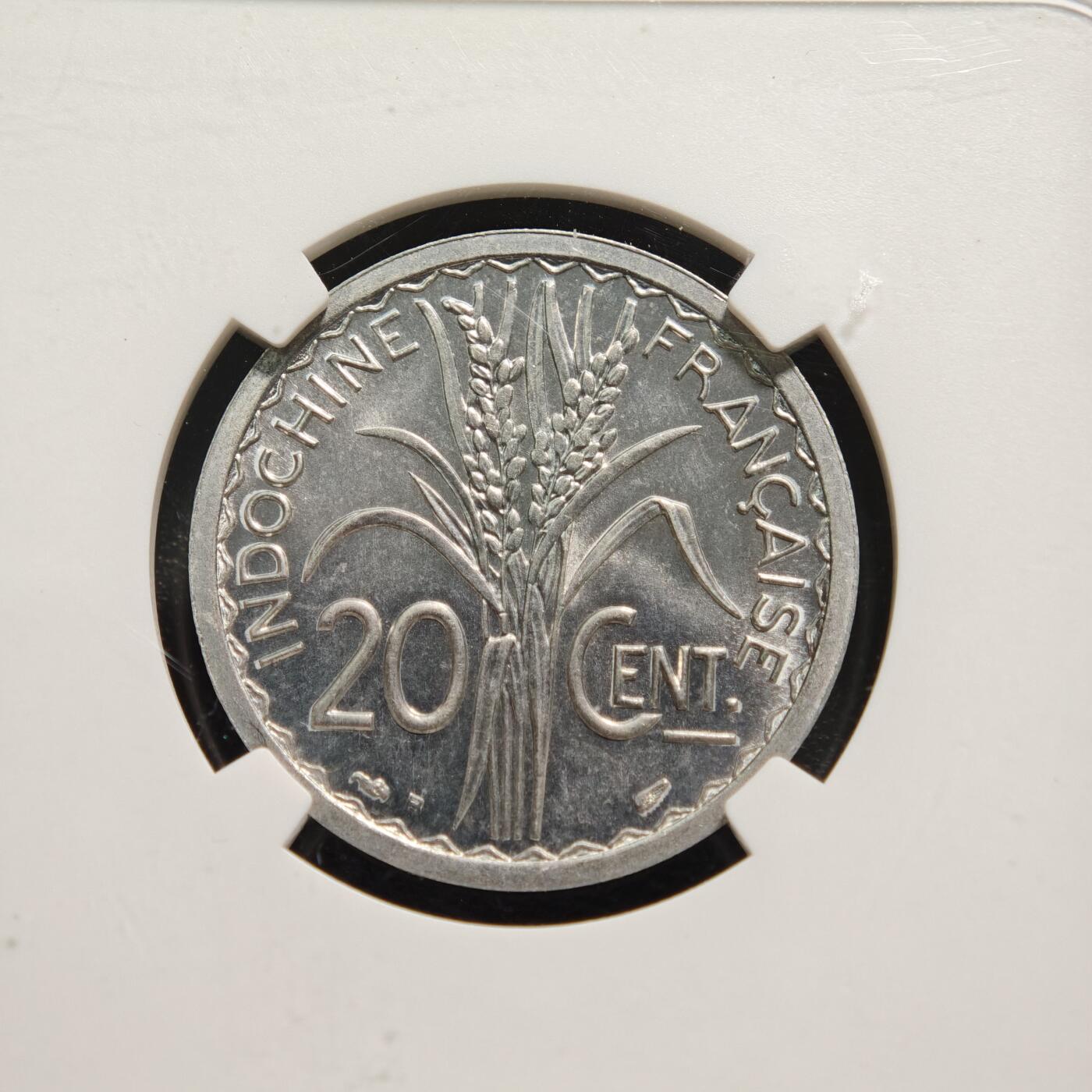 【德藏】世界币章拍卖第159期(元旦专场拍卖) 1945年 法属印度支那20分铝币 NGC MS65 状态极佳