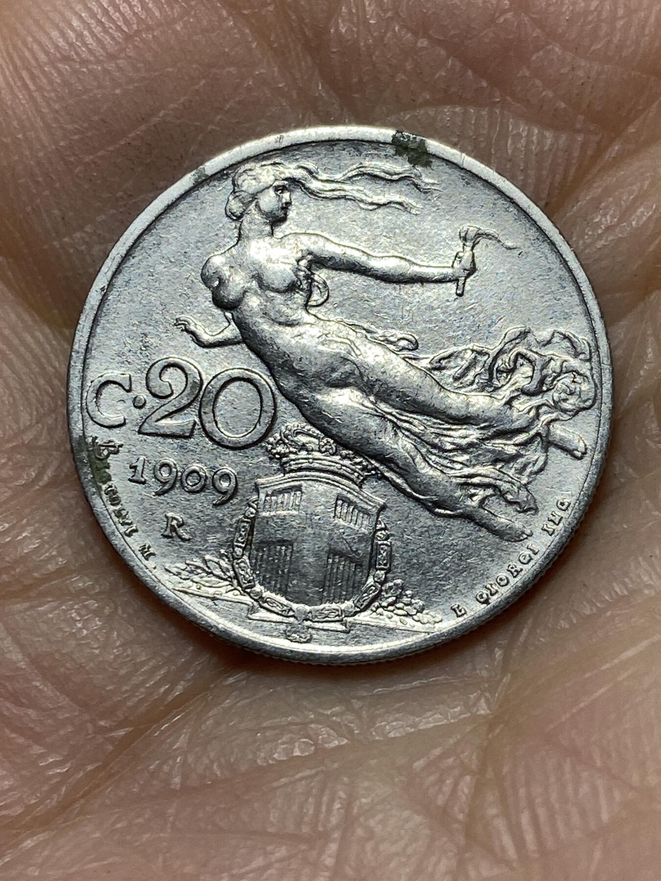 2025年第一百四十三场(总第一百六十九场）外国好品散币场(免佣金) 意大利王国1909年20分(维托里奥·埃马努埃莱三世第二套)