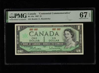 【礼羽收藏】🌏世界钱币拍卖第117期 - 加拿大 1967年建国百年1元纪念钞 女王PMG67EPQ 高分