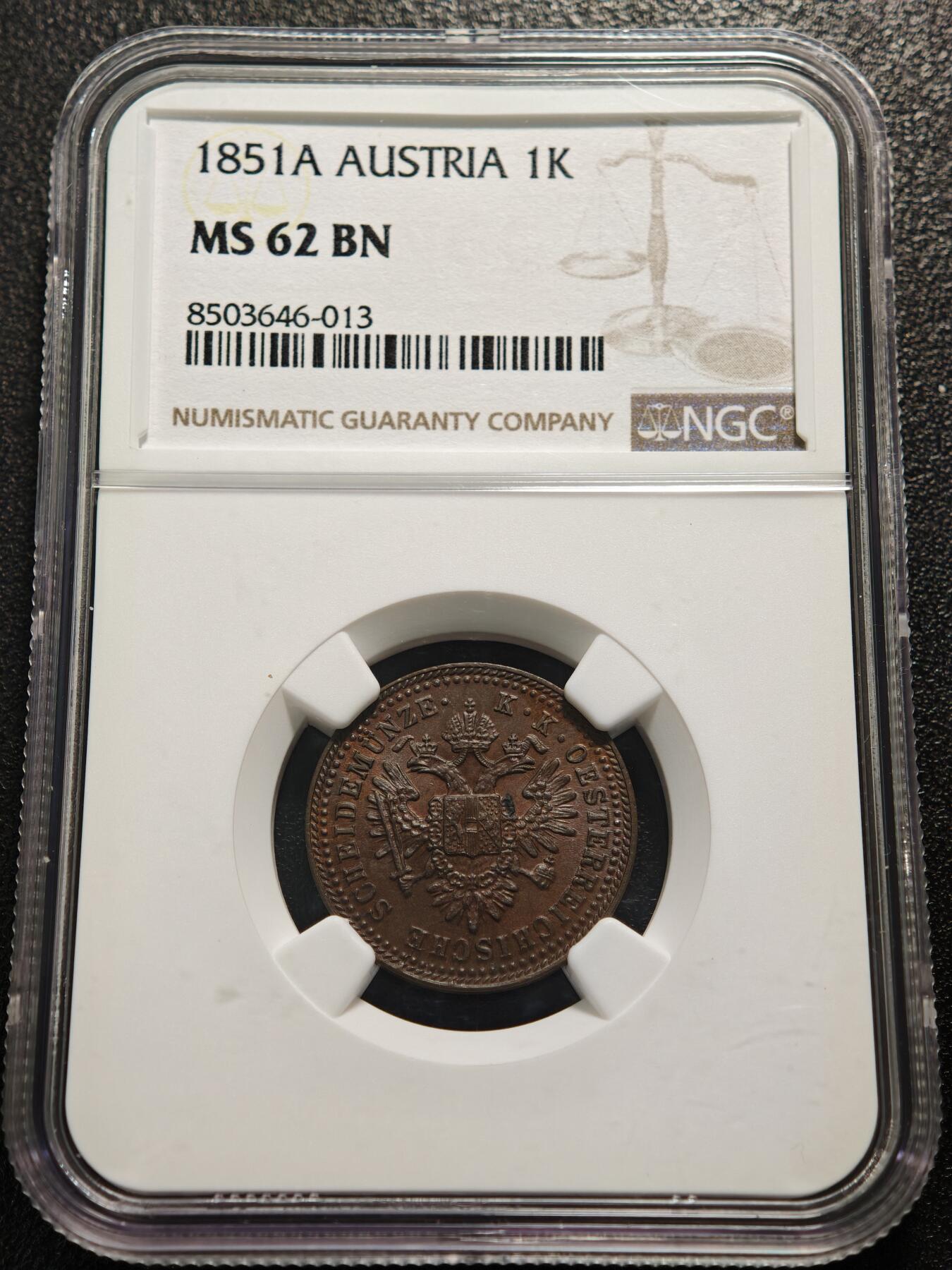 【德藏】世界币章拍卖第159期(元旦专场拍卖) 1851年 奥地利帝国1克罗伊泽铜币 NGC MS62BN 状态极佳
