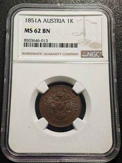 【德藏】世界币章拍卖第159期(元旦专场拍卖) - 1851年 奥地利帝国1克罗伊泽铜币 NGC MS62BN 状态极佳