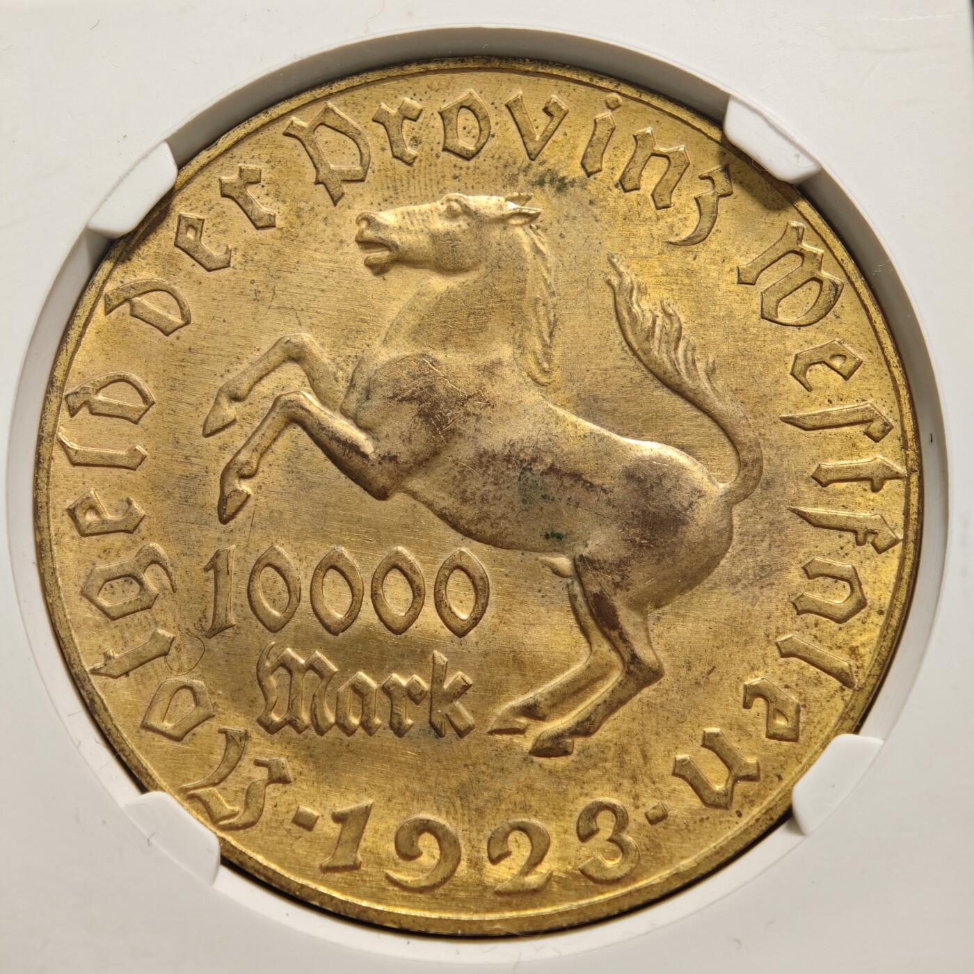【德藏】世界币章拍卖第159期(元旦专场拍卖) 1923年 德国紧急时期威斯特法伦10000镀金马克铜币大马币 公博 MS65 金水十足