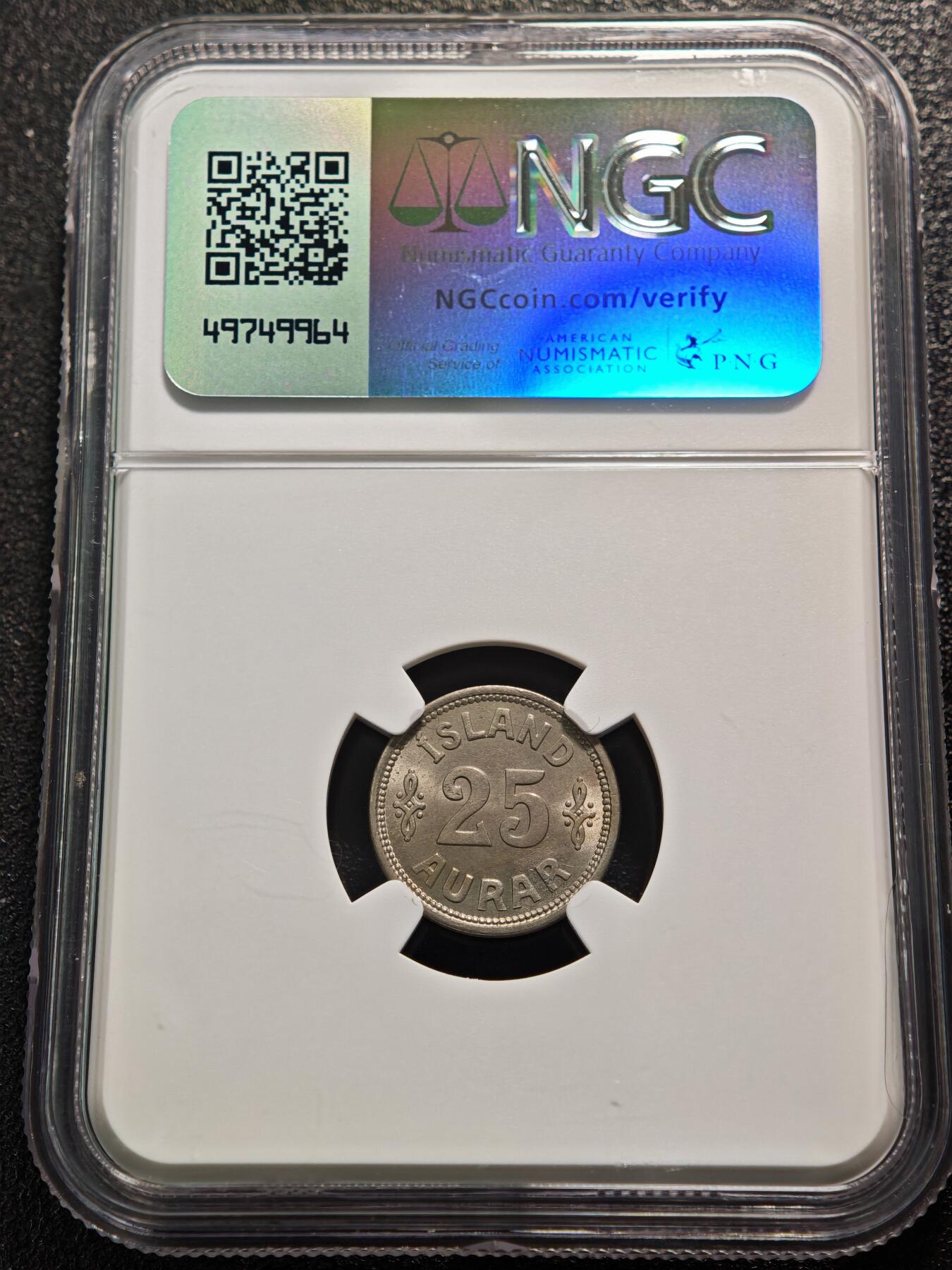 【德藏】世界币章拍卖第159期(元旦专场拍卖) 1937年 冰岛25奥拉镍币 NGC MS65 转光十足