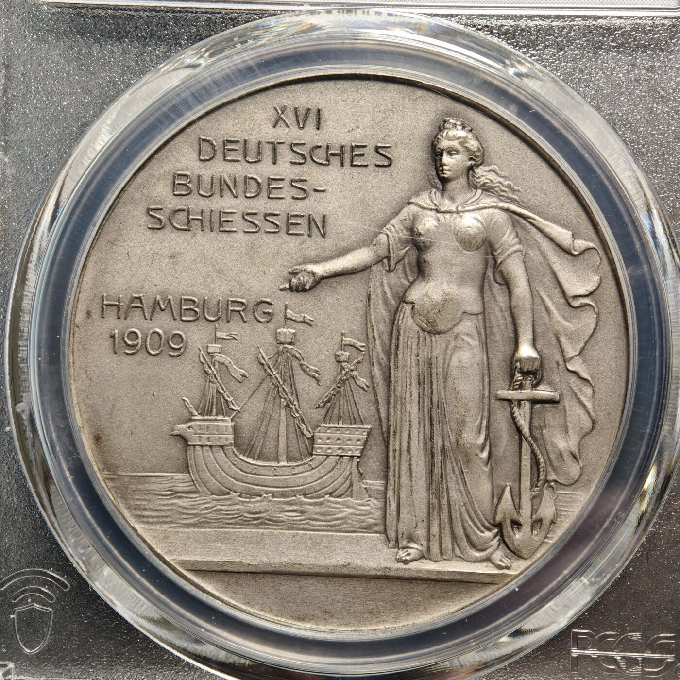 【德藏】世界币章拍卖第159期(元旦专场拍卖) 1909年 德国汉堡射击节纪念银章 PCGS MS64  细节极其丰富