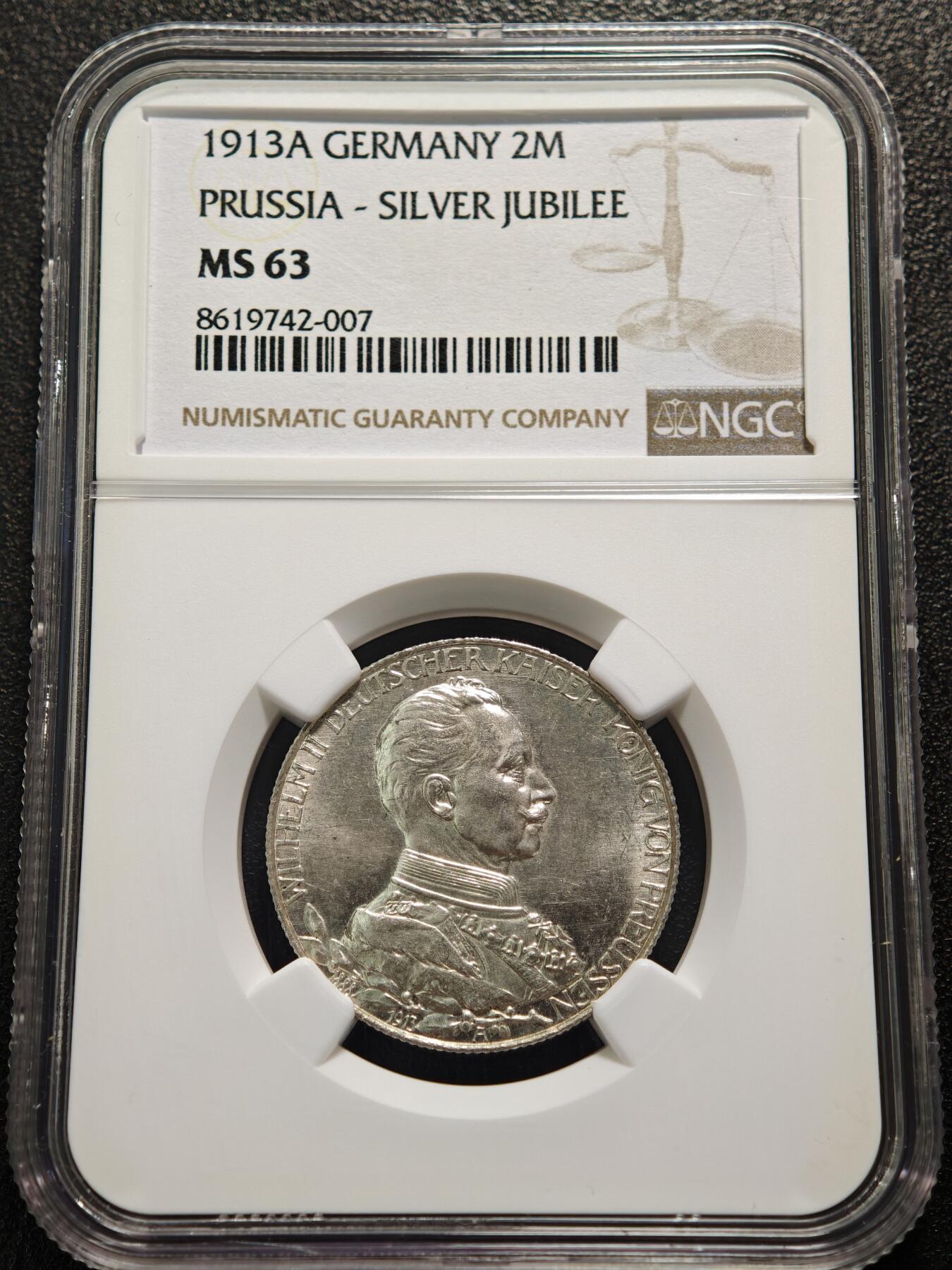【德藏】世界币章拍卖第159期(元旦专场拍卖) 1913年 德国普鲁士威廉二世军装2马克银币 NGC MS63 原光十足 转光极强