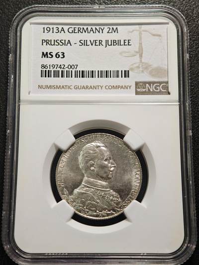 【德藏】世界币章拍卖第159期(元旦专场拍卖) - 1913年 德国普鲁士威廉二世军装2马克银币 NGC MS63 原光十足 转光极强