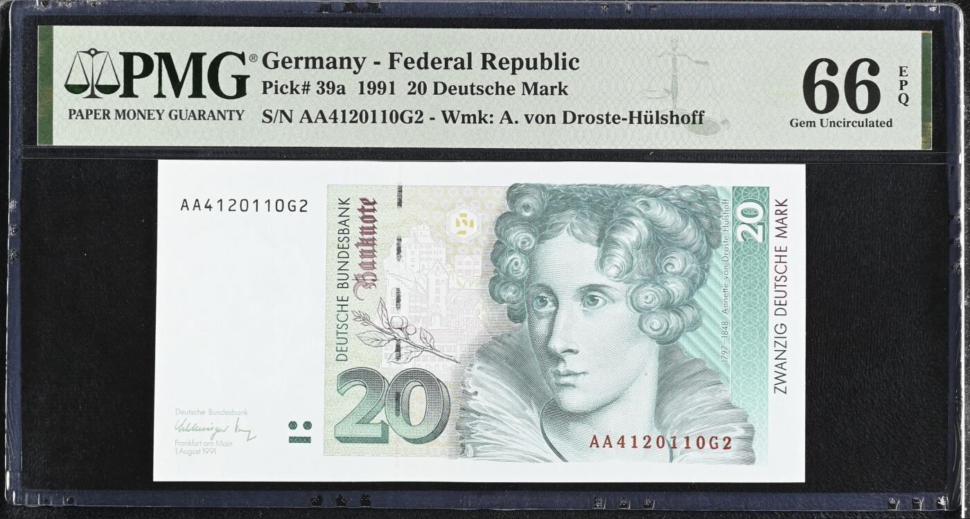 《艾美收藏》第226期-12.28周日外币精品场-蛇年收官 德国20马克 PMG66E 1991年 AA冠