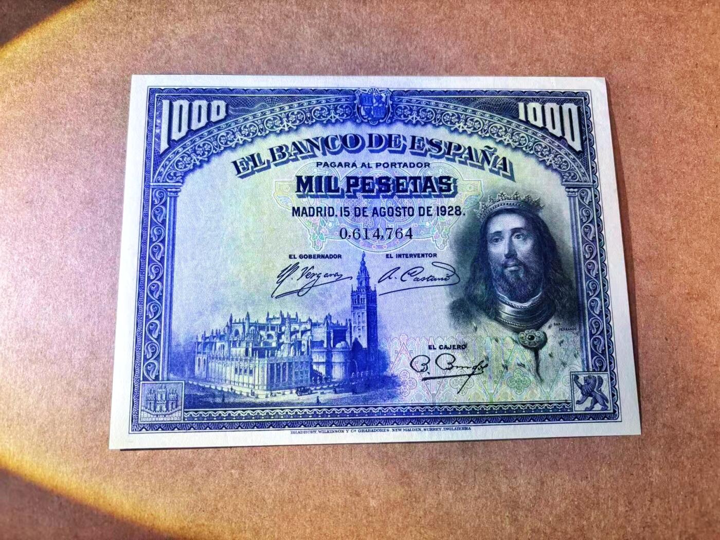 【Blue Auction】世界纸币精拍第769期——18级TOP拍卖/信誉/品质/专业/高效💫 西班牙 1928年1000比塞塔 大方块 UNC-   BWC出品雕刻精美
