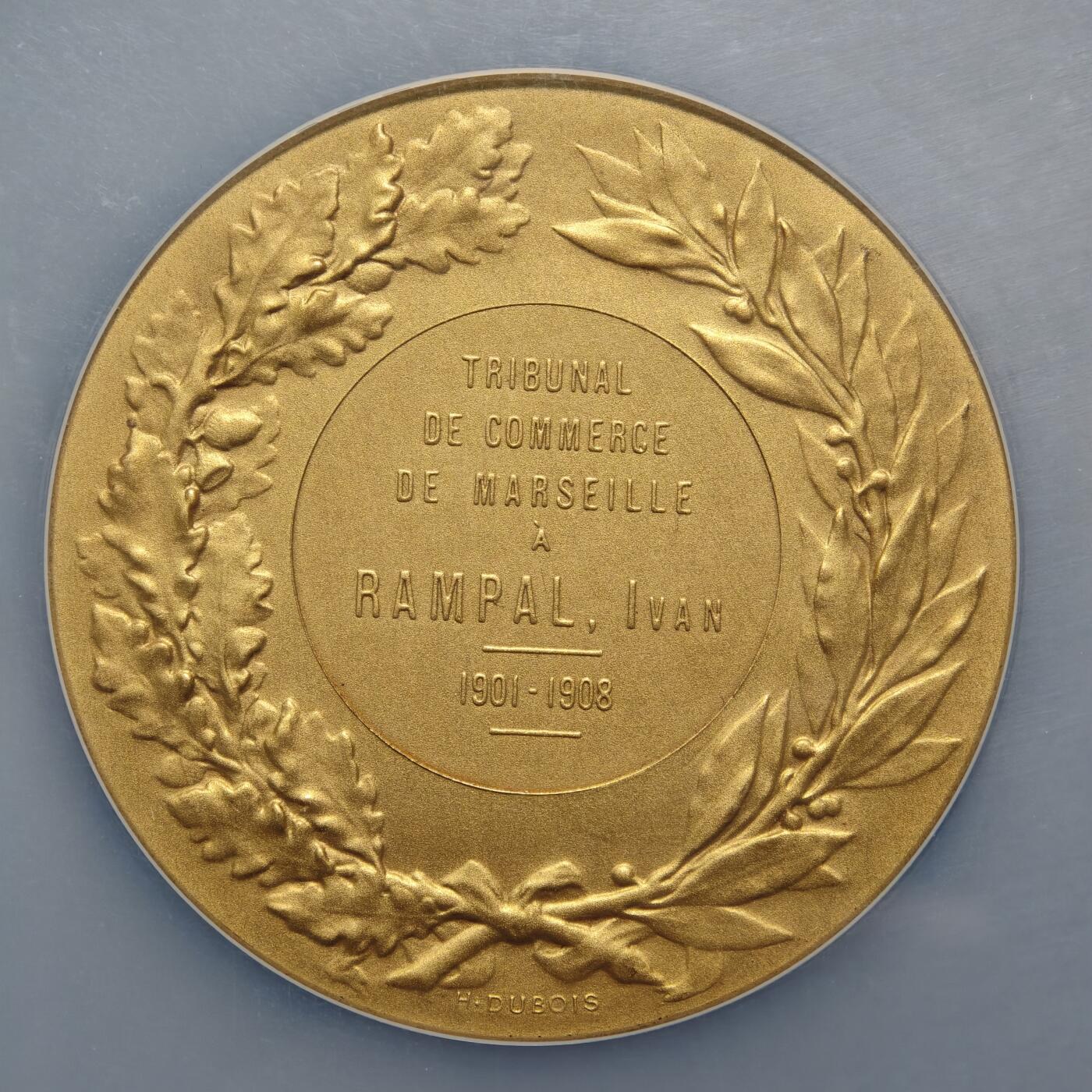 【德藏】世界币章拍卖第159期(元旦专场拍卖) 1908年 法国马赛商业法院授予伊万·朗帕尔司法镀金奖章50mm纪念银章 NGC MS66 金水十足 品相极佳