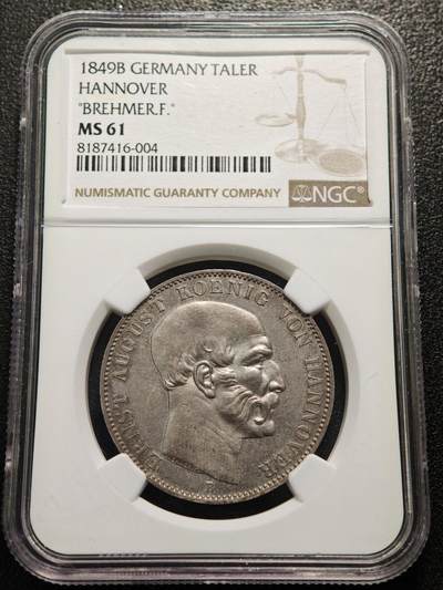 【德藏】世界币章拍卖第159期(元旦专场拍卖) - 1849年 德国汉诺威恩斯特·奥古斯特泰勒银币 NGC MS61 淡包浆 状态十足 背面汉诺威王国的纹章（带有皇冠的盾徽），盾徽融合了汉诺威、大不列颠等多地的徽章元素，体现了汉诺威与英国的王室亲缘关系（恩斯特·奥古斯特是英国乔治三世的儿子）