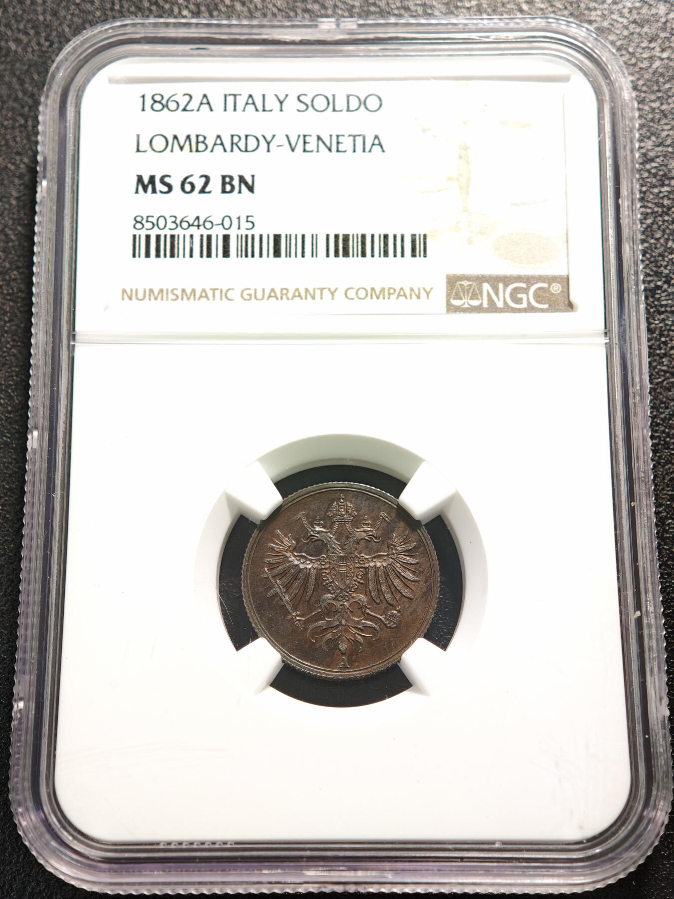 【德藏】世界币章拍卖第159期(元旦专场拍卖) 1862年 奥地利帝国统治伦巴第威尼托地区1斯皮乔拉铜币 NGC MS62BN 状态极佳
