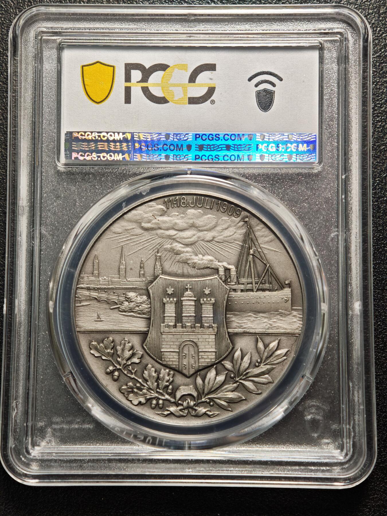 【德藏】世界币章拍卖第159期(元旦专场拍卖) 1909年 德国汉堡射击节纪念银章 PCGS MS64  细节极其丰富