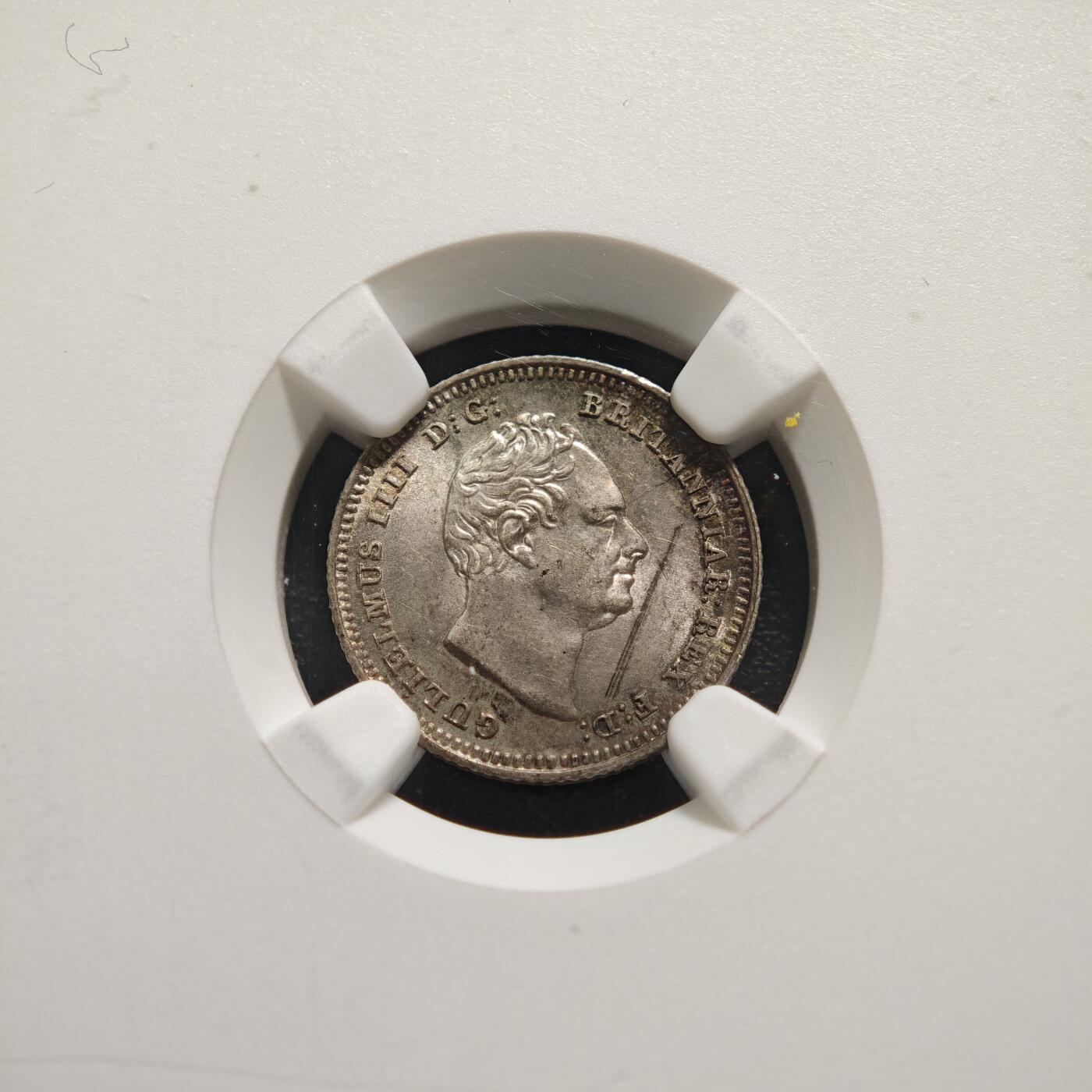 【德藏】世界币章拍卖第159期(元旦专场拍卖) 1837年 英国威廉四世4便士银币 NGC MS63 环彩包浆 图案立体感强