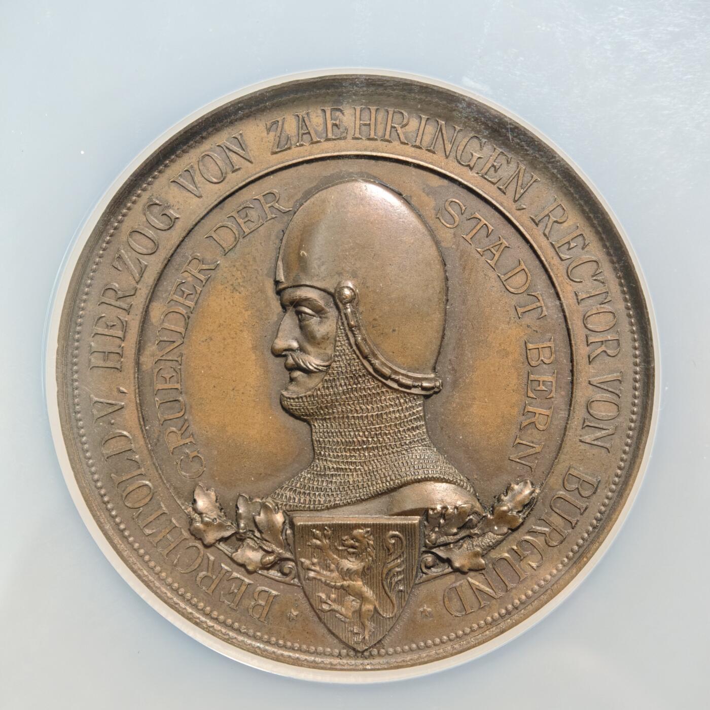 【德藏】世界币章拍卖第159期(元旦专场拍卖) 1891年 瑞士伯尔尼建城700周年50mm纪念大铜章 NGC MS62BN 设计精美 细节满满