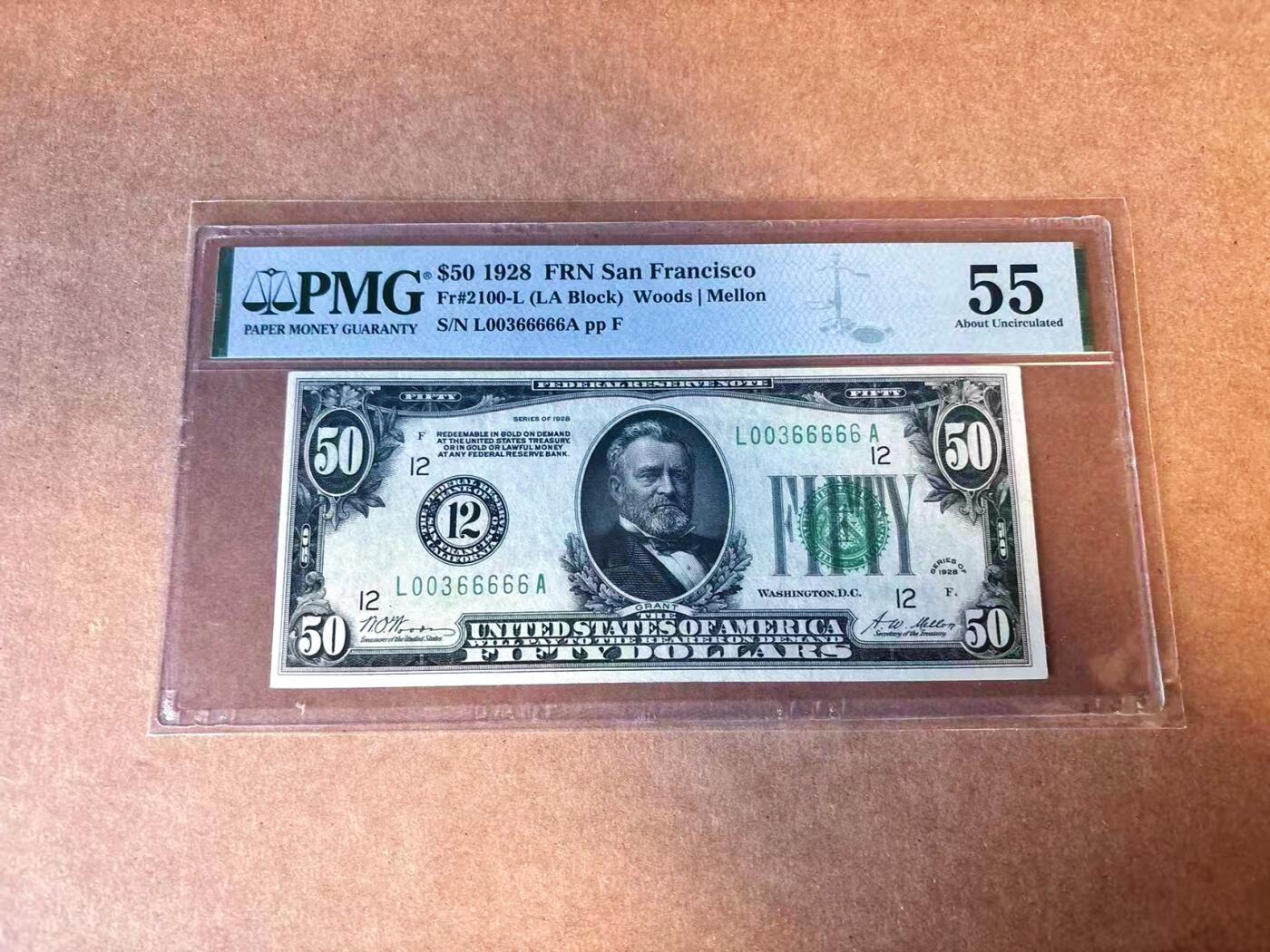 【Blue Auction】世界纸币精拍第769期——18级TOP拍卖/信誉/品质/专业/高效💫 【初版数字区号 老虎6无47】美国 1928年50美金 PMG55 较少见旧金山版