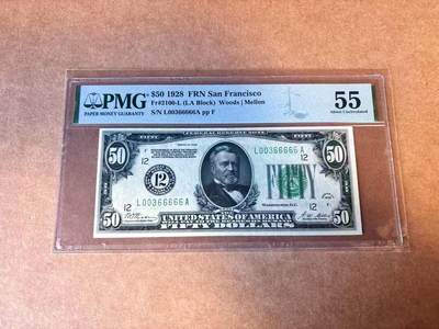【Blue Auction】世界纸币精拍第769期——18级TOP拍卖/信誉/品质/专业/高效💫 - 【初版数字区号 老虎6无47】美国 1928年50美金 PMG55 较少见旧金山版