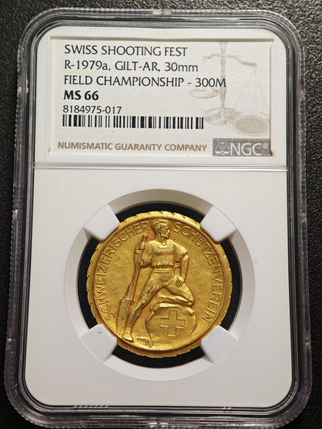 【德藏】世界币章拍卖第159期(元旦专场拍卖) 1920-30年 瑞士射击节镀金银章 金水十足 射击节系列经典品种 NGC MS66