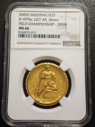 【德藏】世界币章拍卖第159期(元旦专场拍卖) - 1920-30年 瑞士射击节镀金银章 金水十足 射击节系列经典品种 NGC MS66