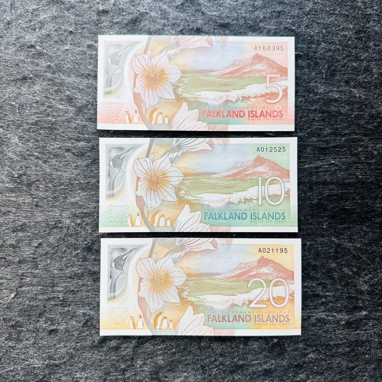 🇫🇯🇫🇰2530￥￥福克兰群岛2025年和斐济2026年全套Polymer塑料钞 395-525-195 尾5