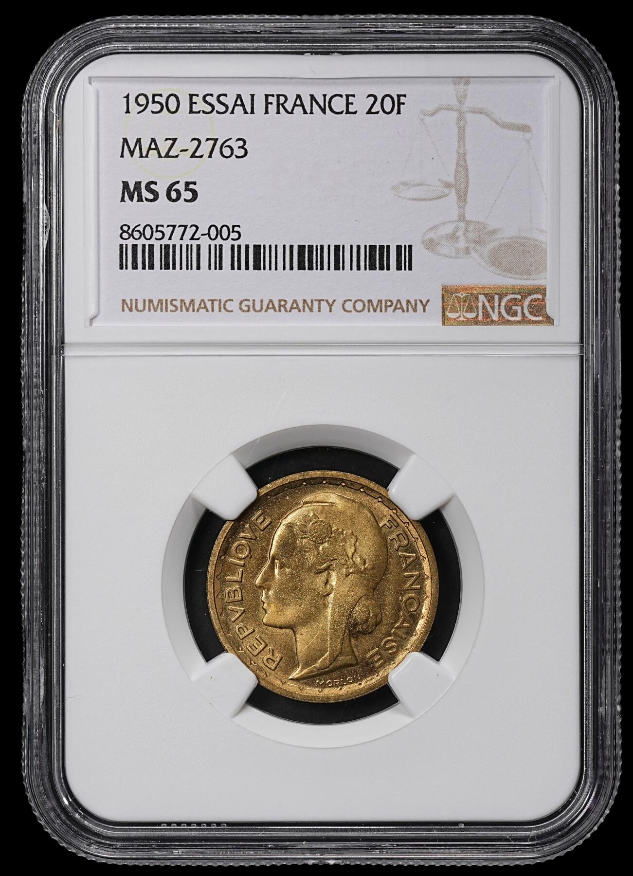 修遠堂世界钱币第九十九期 NGC MS65 1950年法国20法郎样币 ESSAI