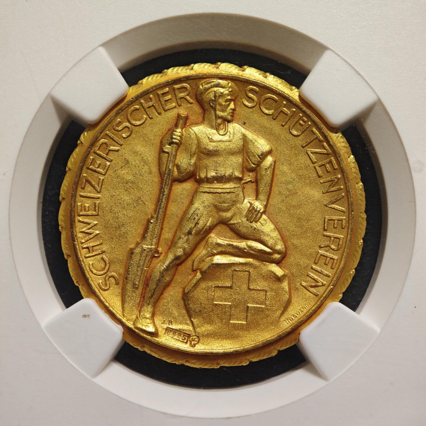 【德藏】世界币章拍卖第159期(元旦专场拍卖) 1920-30年 瑞士射击节镀金银章 金水十足 射击节系列经典品种 NGC MS66