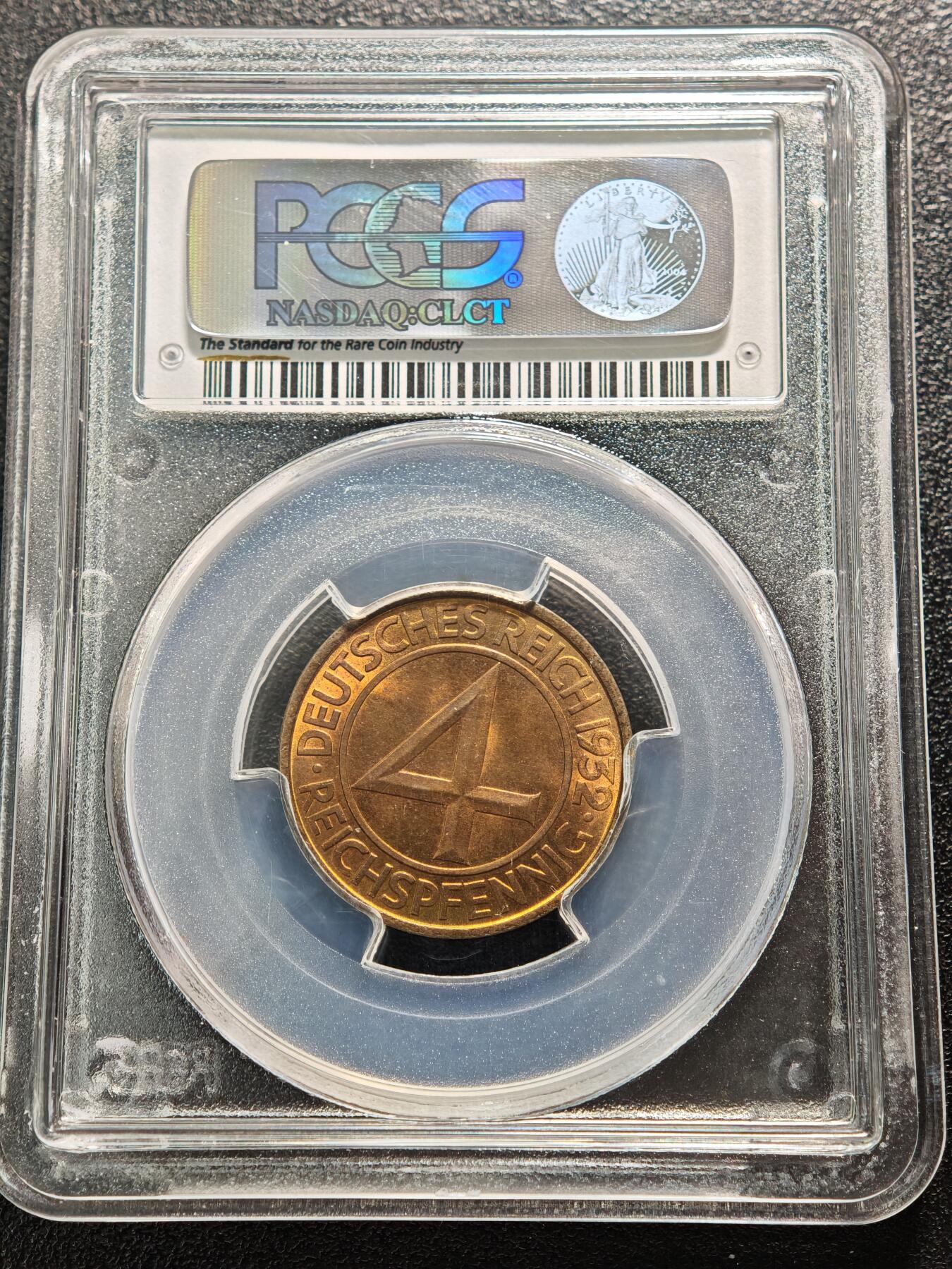 【德藏】世界币章拍卖第159期(元旦专场拍卖) 1932年J厂 德国4芬尼铜币 原光顶级品相状态 德藏最开始玩评级的时候 自己送评的 所见最好的一枚！在手里十多年了 PCGS MS66RB