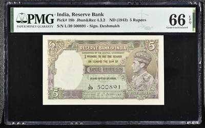 🐍甜小邱世界纸币收藏🐍第138期精品场💐 - 无347靓号（出厂针孔）PMG66 印度 5卢比 英王头像 1943