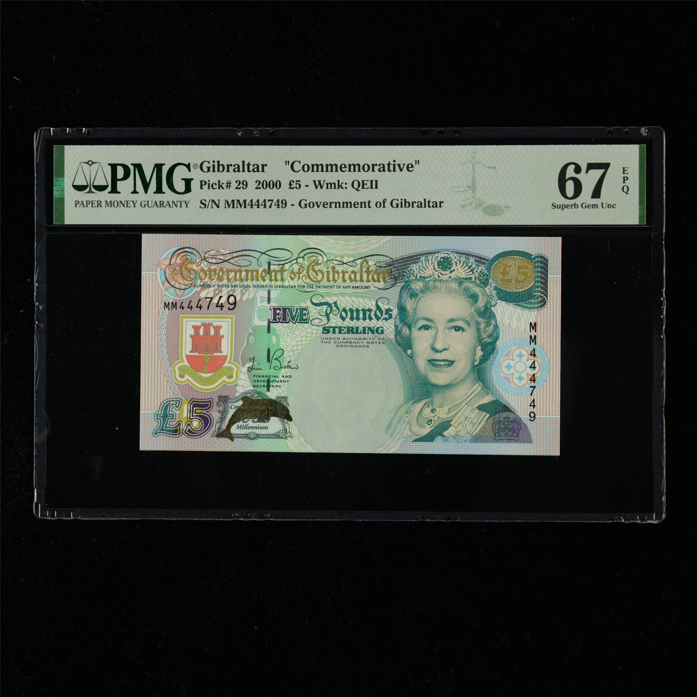 【亘邦集藏】第218期拍卖 2000年 直布罗陀纪念钞5镑 PMG 67EPQ MM444749