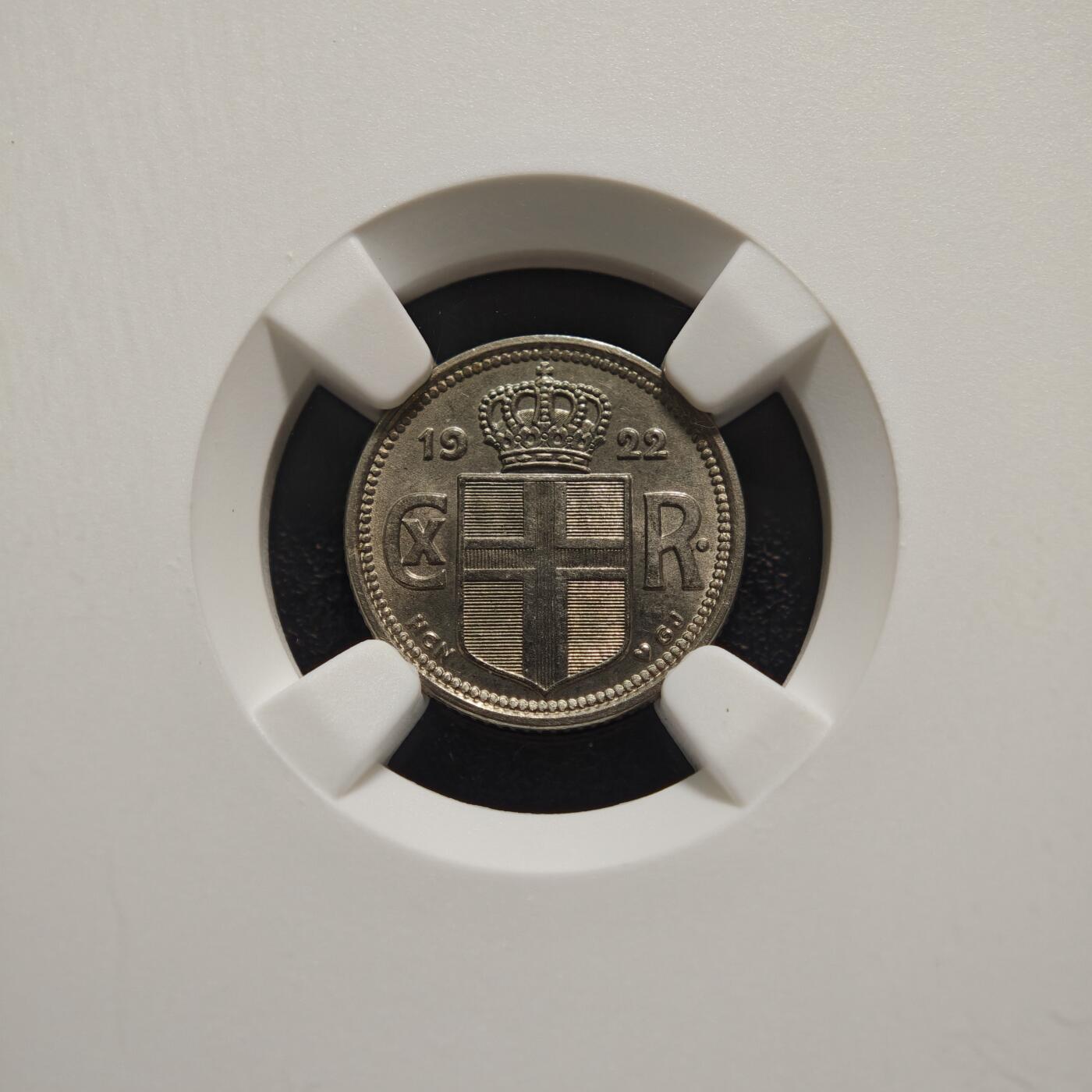 【德藏】世界币章拍卖第159期(元旦专场拍卖) 1922年 冰岛10奥拉镍币 NGC MS64 品相极佳