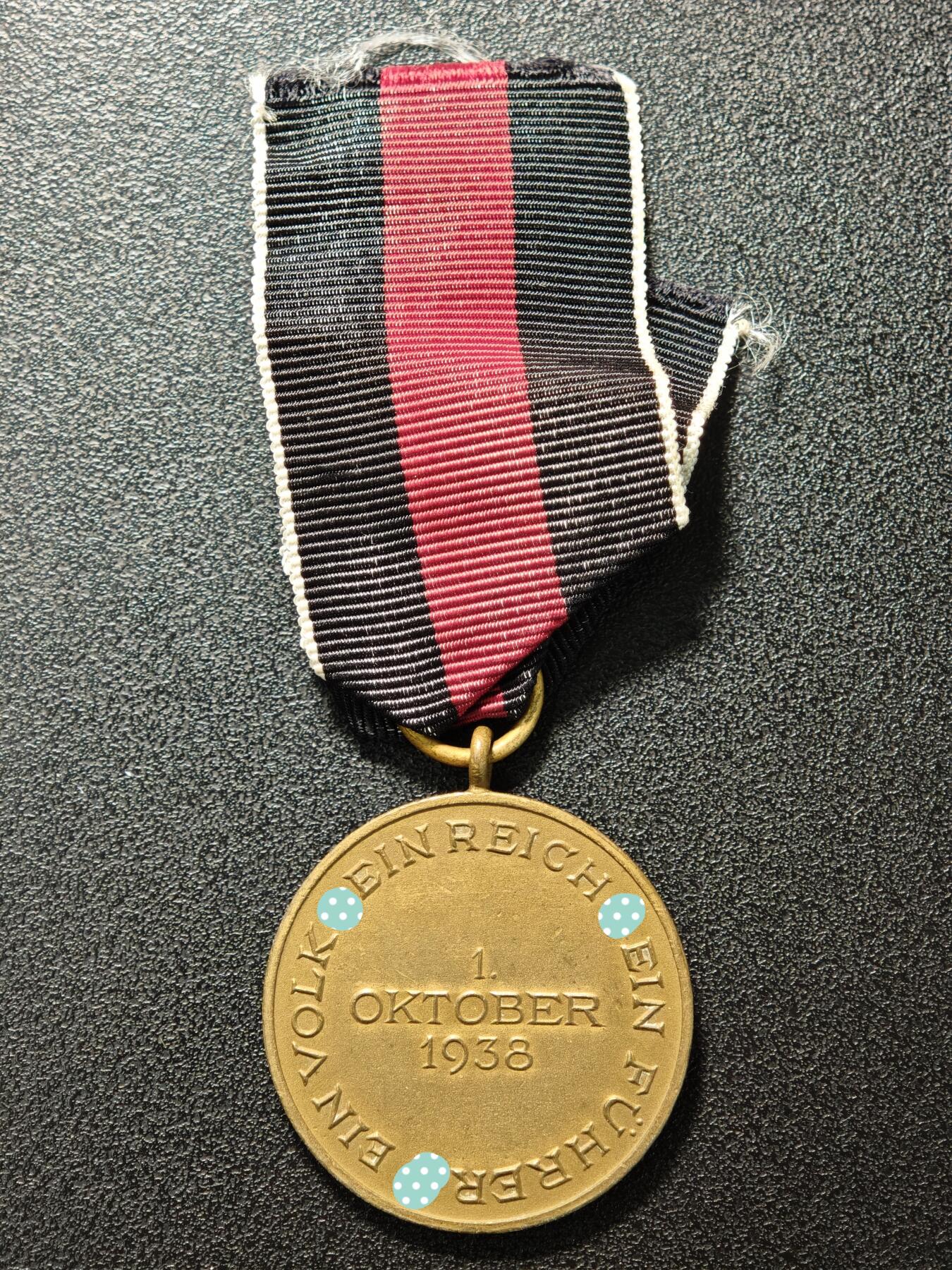 【德藏】世界币章拍卖第159期(元旦专场拍卖) 1938年 德国民族社会主义工人党吞并苏台德地区纪念奖章 直径约：31.9mm；重约：13.6g（原图请联系客服）