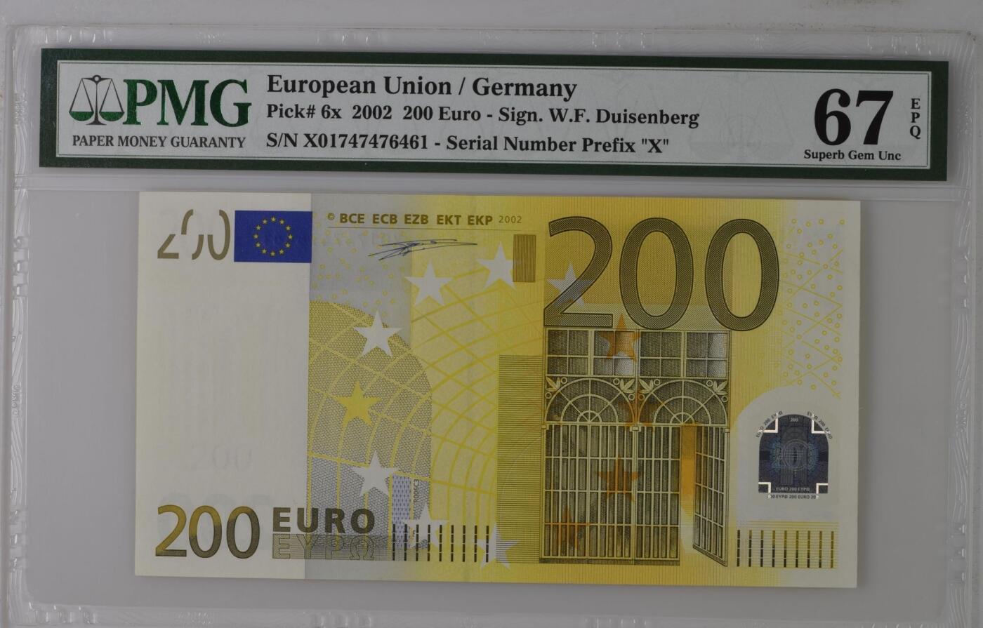 🐍甜小邱世界纸币收藏🐍第138期精品场💐 稀少一签 PMG67 德国 200欧 杜伊森伯格（一签）初版 2002